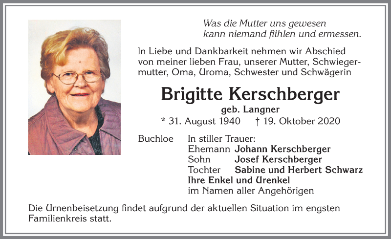 Traueranzeige von Brigitte Kerschberger von Allgäuer Zeitung, Kaufbeuren/Buchloe