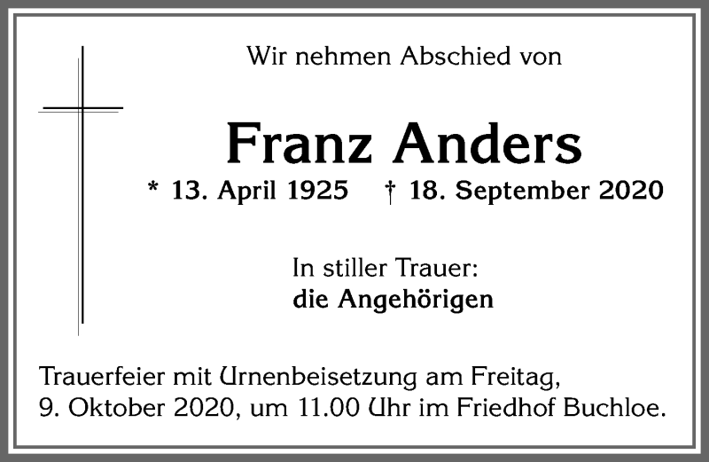 Traueranzeige von Franz Anders von Allgäuer Zeitung, Kaufbeuren/Buchloe