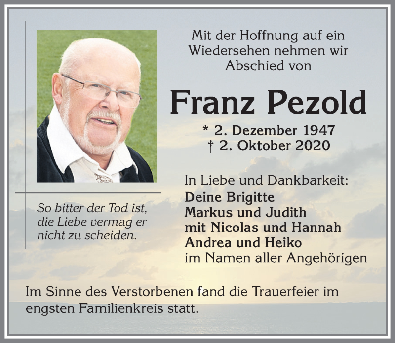 Traueranzeige von Franz Pezold von Allgäuer Zeitung,Kempten