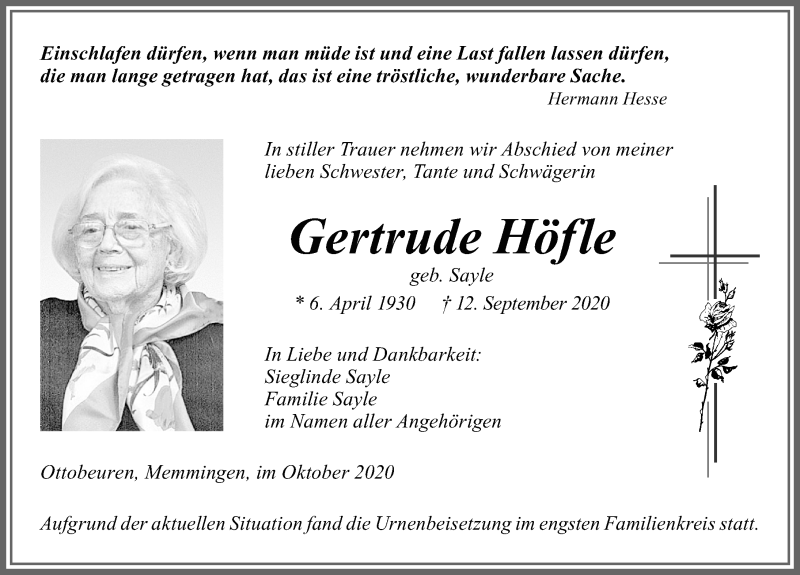 Traueranzeige von Gertrude Höfle von Memminger Zeitung