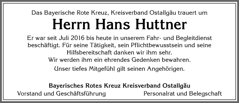 Traueranzeige von Hans Huttner von Allgäuer Zeitung, Marktoberdorf