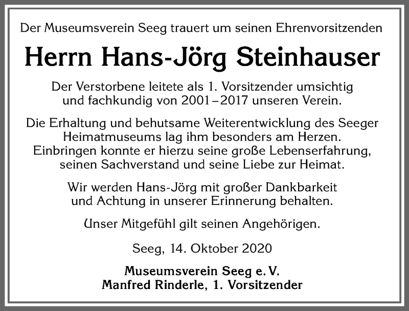 Traueranzeige von Hans-Jörg Steinhauser von Allgäuer Zeitung, Füssen