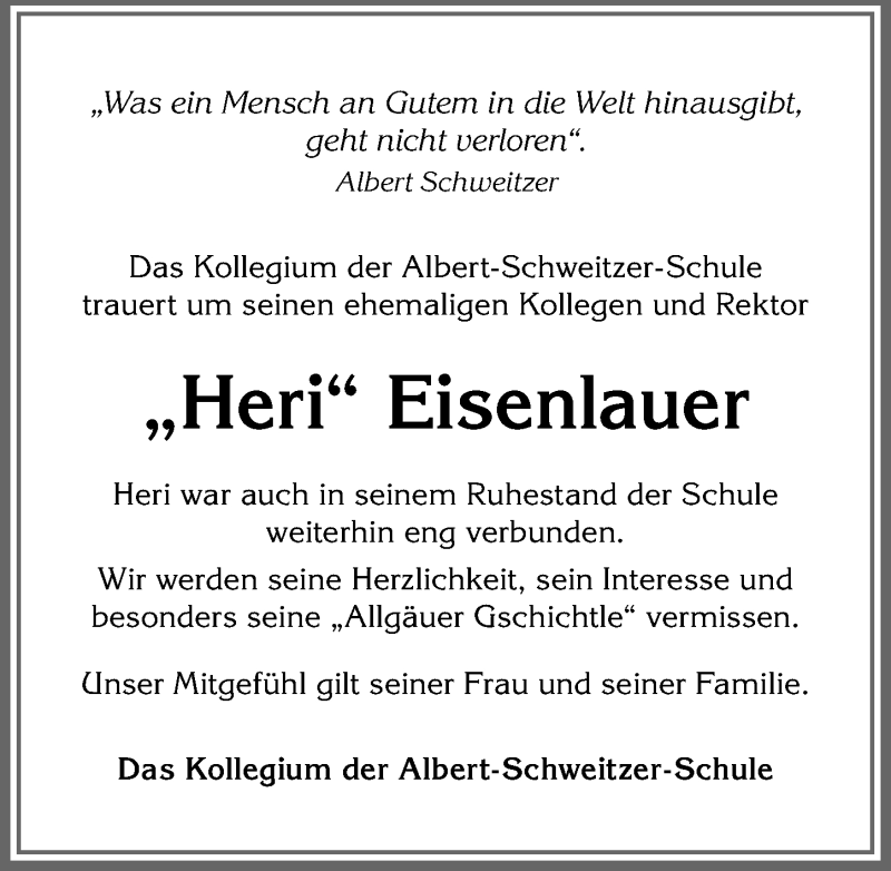 Traueranzeige von Heri Eisenlauer von Allgäuer Anzeigeblatt