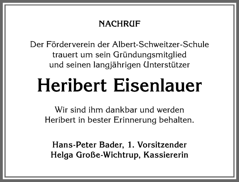 Traueranzeige von Heribert Eisenlauer von Allgäuer Anzeigeblatt