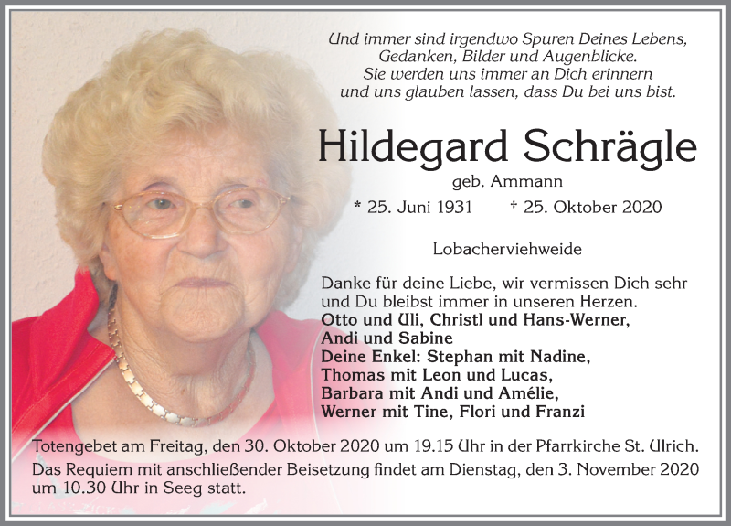 Traueranzeige von Hildegard Schrägte von Allgäuer Zeitung, Füssen