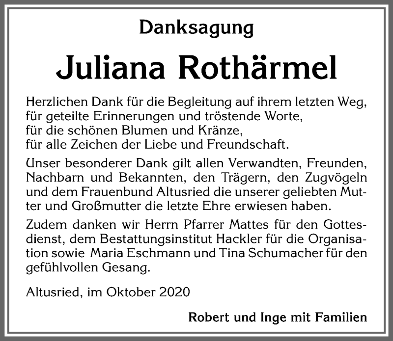 Traueranzeige von Juliana Rothärmel von Allgäuer Zeitung,Kempten