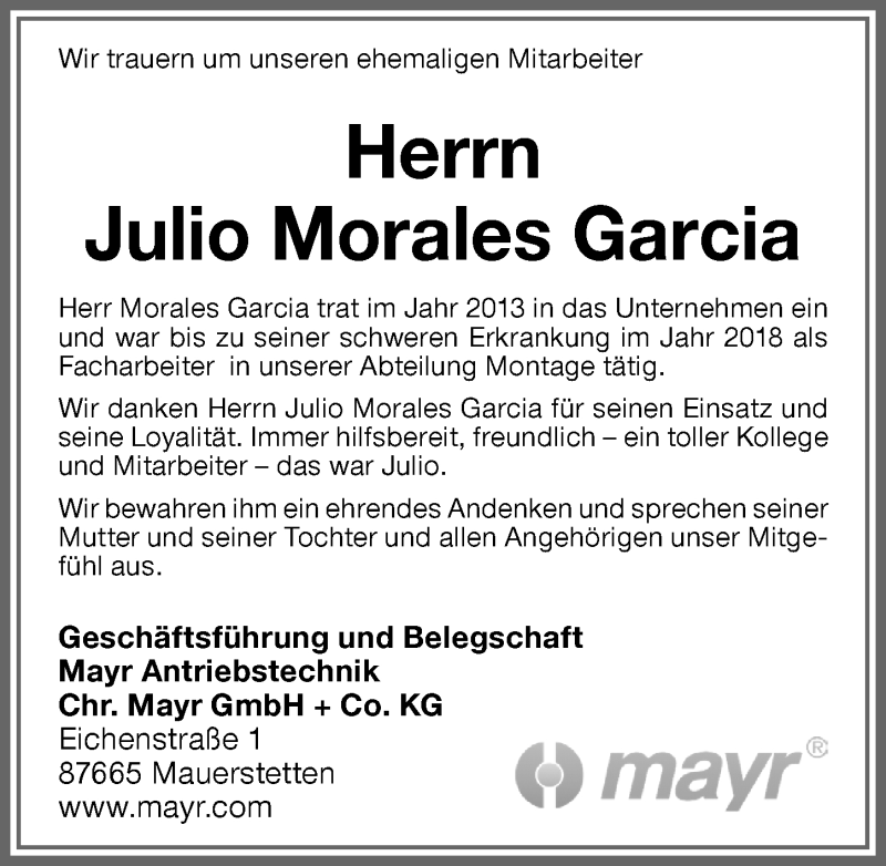 Traueranzeige von Julio Morales Garcia von Allgäuer Zeitung, Kaufbeuren/Buchloe