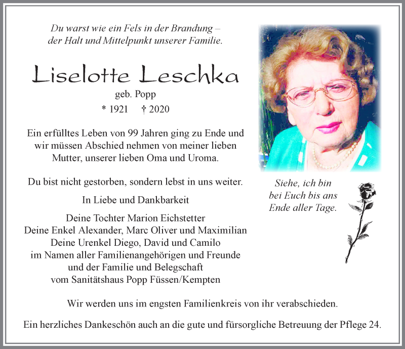 Traueranzeige von Liselotte Leschka von Allgäuer Zeitung, Füssen