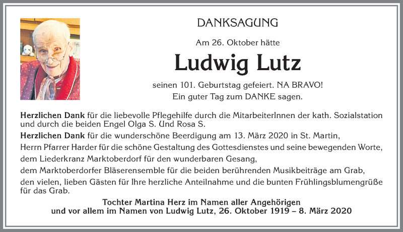 Traueranzeige von Ludwig Lutz von Allgäuer Zeitung, Marktoberdorf