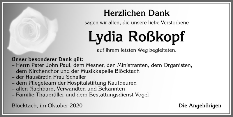 Traueranzeige von Lydia Roßkopf von Allgäuer Zeitung, Kaufbeuren/Buchloe