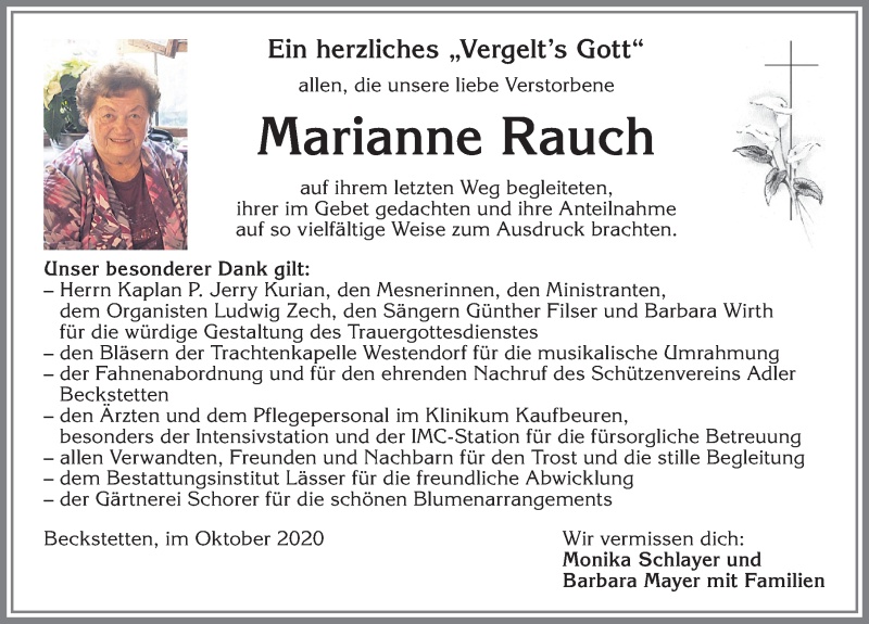 Traueranzeige von Marianne Rauch von Allgäuer Zeitung, Kaufbeuren/Buchloe