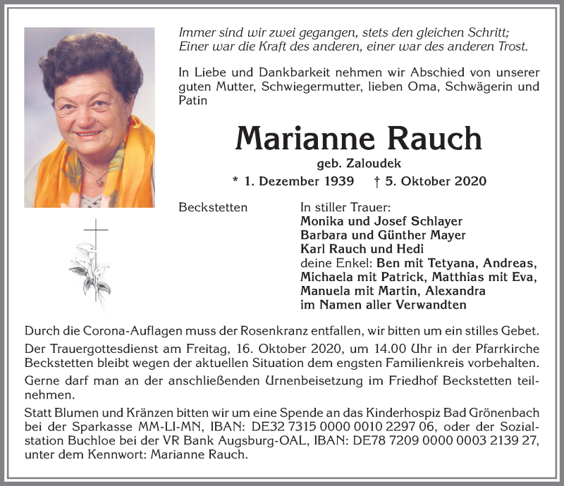 Traueranzeige von Marianne Rauch von Allgäuer Zeitung, Kaufbeuren/Buchloe