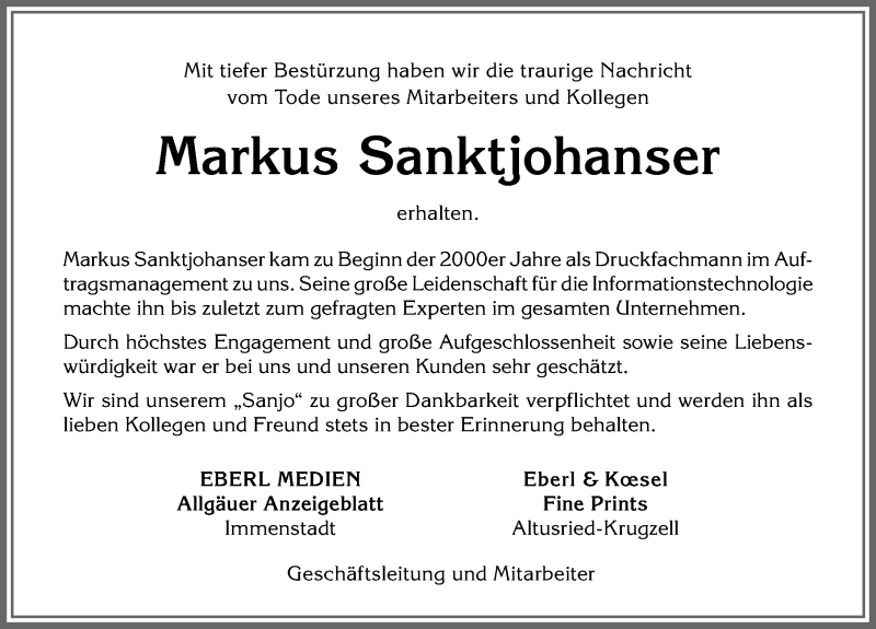 Traueranzeige von Markus Sanktjohanser von Allgäuer Zeitung