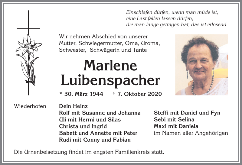 Traueranzeige von Marlene Luibenspacher von Allgäuer Anzeigeblatt