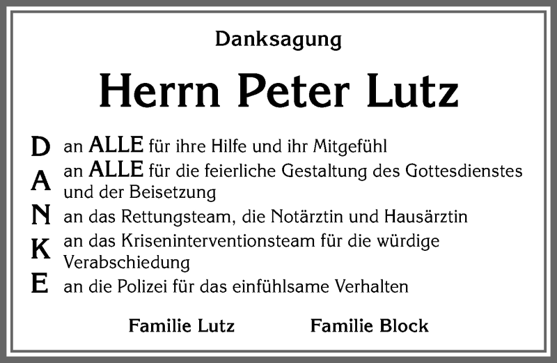 Traueranzeige von Peter Lutz von Allgäuer Zeitung