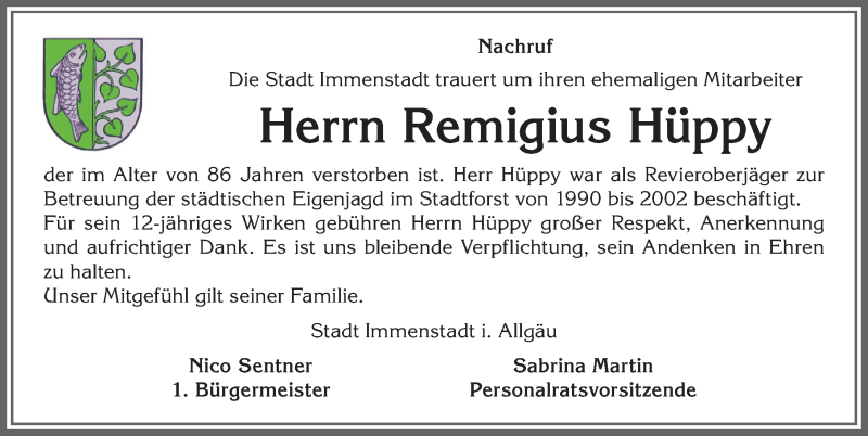 Traueranzeige von Remigius Hüppy von Allgäuer Anzeigeblatt