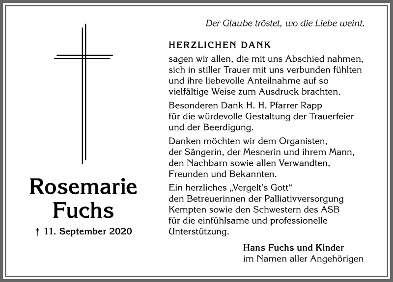 Traueranzeige von Rosemarie Fuchs von Allgäuer Anzeigeblatt