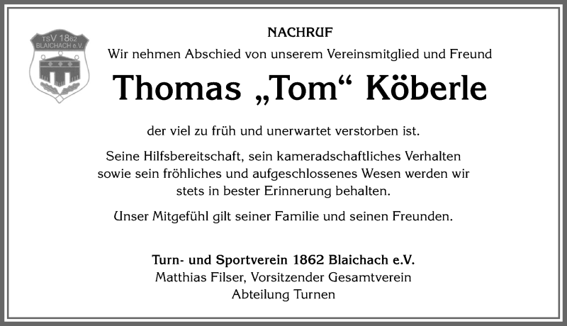 Traueranzeige von Thomas Köberle von Allgäuer Anzeigeblatt