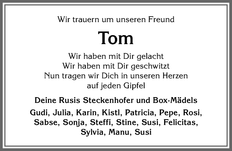 Traueranzeige von Tom  von Allgäuer Anzeigeblatt