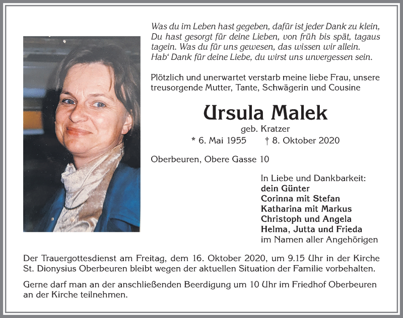  Traueranzeige für Ursula Malek vom 14.10.2020 aus Allgäuer Zeitung, Kaufbeuren/Buchloe