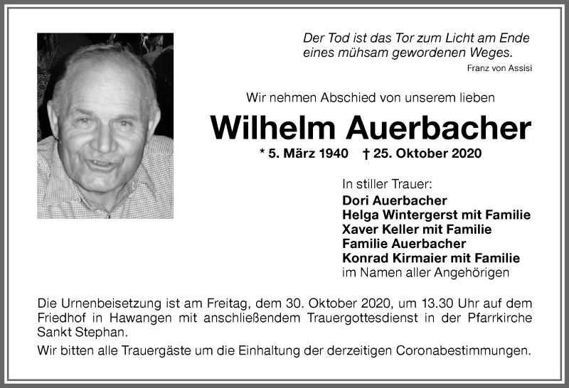 Traueranzeige von Wilhelm Auerbacher von Memminger Zeitung