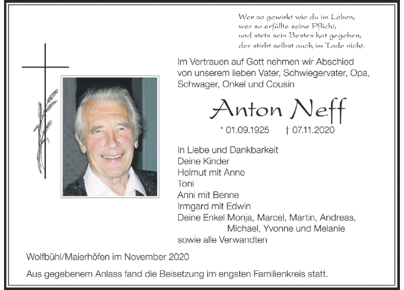 Traueranzeige von Anton Neff von Der Westallgäuer