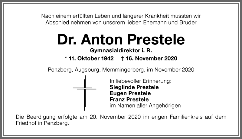 Traueranzeige von Anton Prestele von Memminger Zeitung