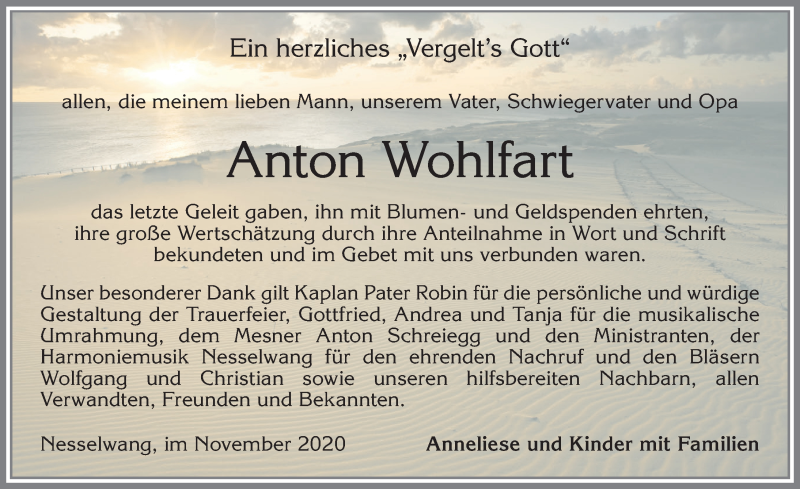 Traueranzeige von Anton Wohlfart von Allgäuer Zeitung, Füssen