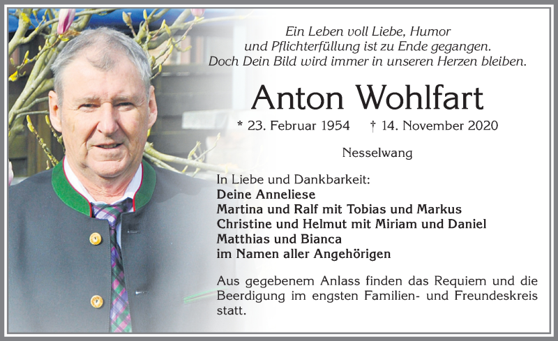 Traueranzeige von Anton Wohlfart von Allgäuer Zeitung, Füssen