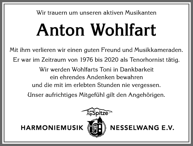 Traueranzeige von Anton Wohlfart von Allgäuer Zeitung, Füssen