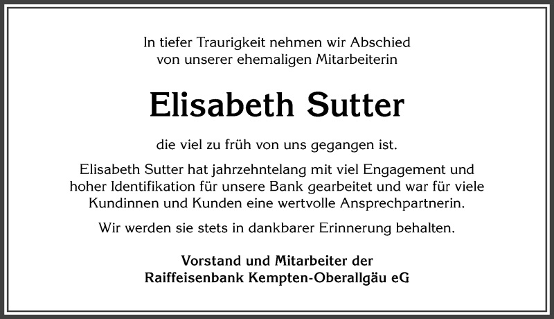 Traueranzeige von Elisabeth Sutter von Allgäuer Zeitung,Kempten