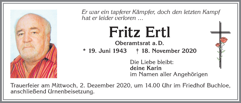 Traueranzeige von Fritz Ertl von Allgäuer Zeitung