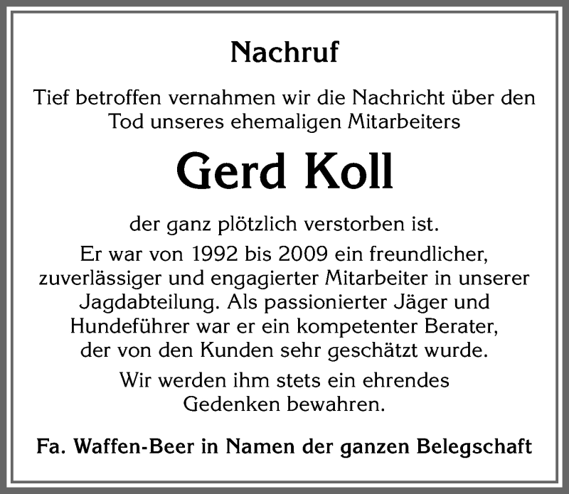 Traueranzeige von Gerd Koll von Allgäuer Zeitung,Kempten