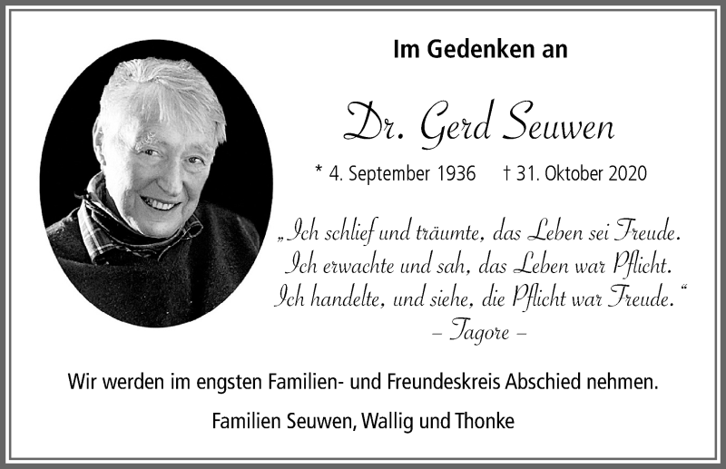  Traueranzeige für Gerd Seuwen vom 07.11.2020 aus Allgäuer Zeitung,Kempten