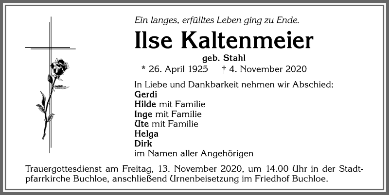 Traueranzeige von Ilse Kaltenmeier von Allgäuer Zeitung, Kaufbeuren/Buchloe