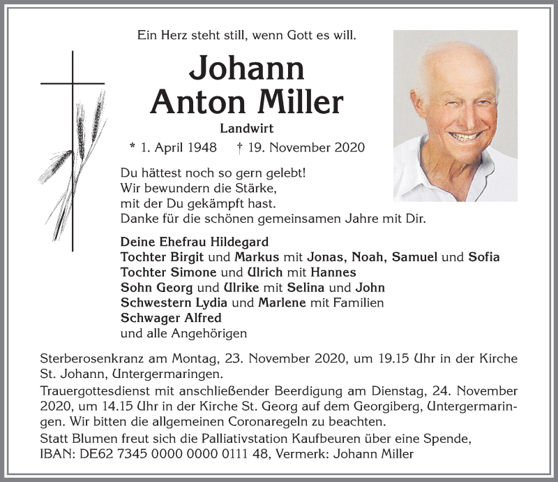 Traueranzeige von Johann Anton Miller von Allgäuer Zeitung