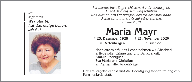 Traueranzeige von Maria Mayr von Allgäuer Zeitung, Kaufbeuren/Buchloe