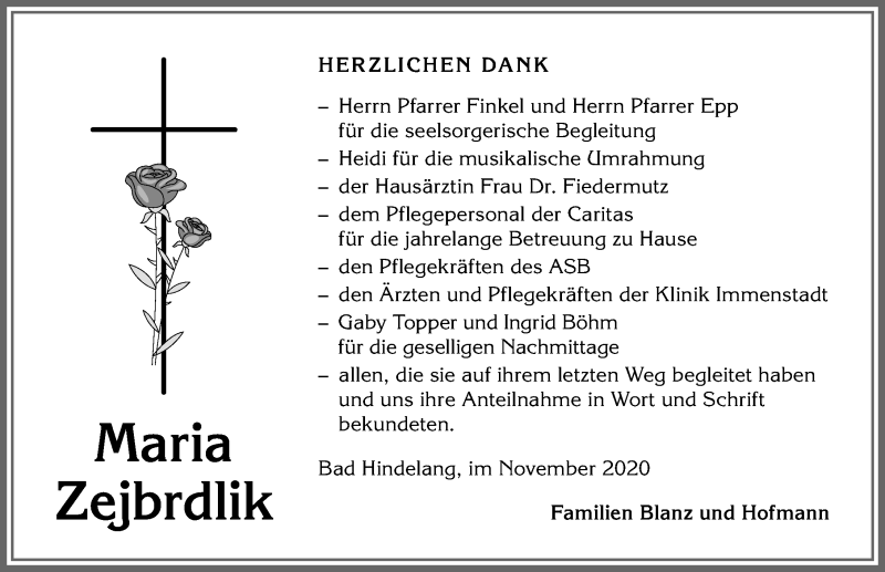 Traueranzeige von Maria Zejbrdlik von Allgäuer Anzeigeblatt