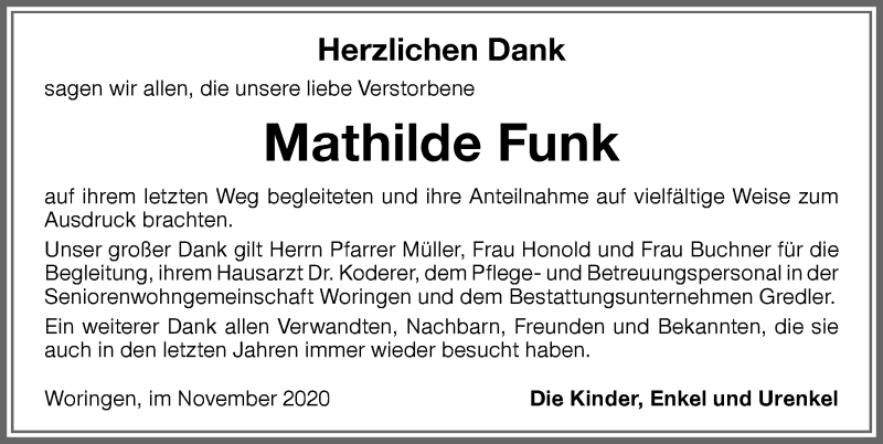 Traueranzeige von Mathilde Funk von Memminger Zeitung