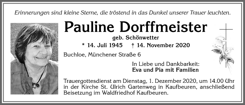 Traueranzeige von Pauline Dorffmeister von Allgäuer Zeitung, Kaufbeuren/Buchloe