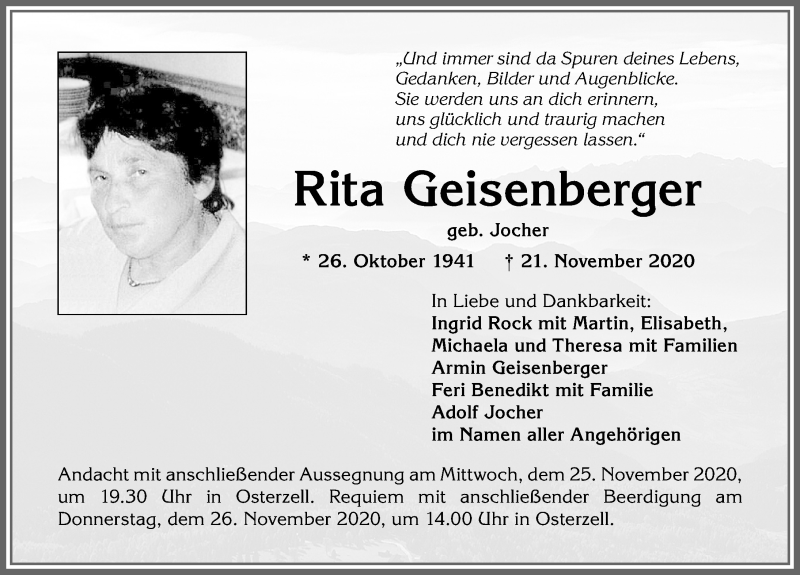 Traueranzeige von Rita Geisenberger von Allgäuer Zeitung, Kaufbeuren/Buchloe