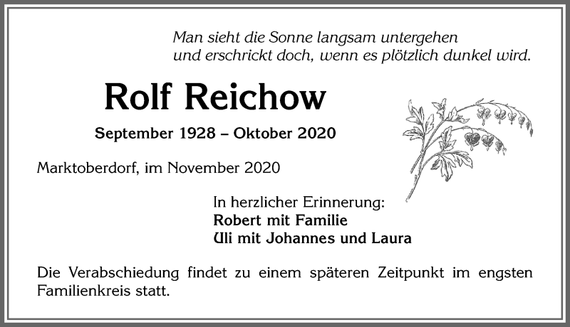 Traueranzeige von Rolf Reichow von Allgäuer Zeitung, Marktoberdorf