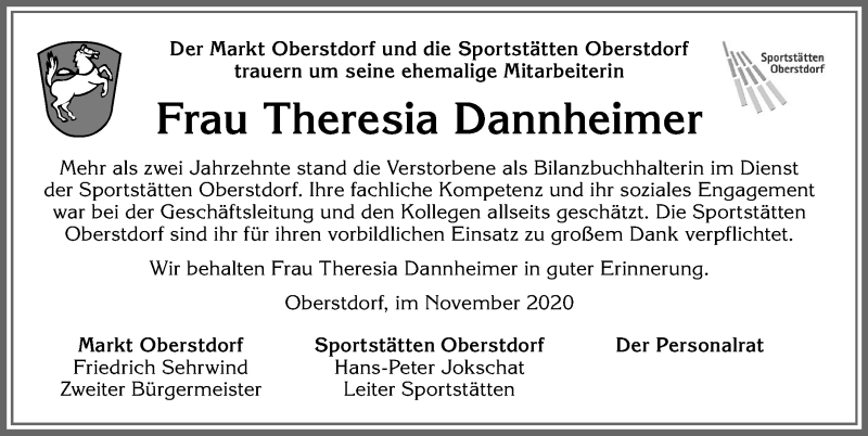 Traueranzeige von Theresia Dannheimer von Allgäuer Anzeigeblatt