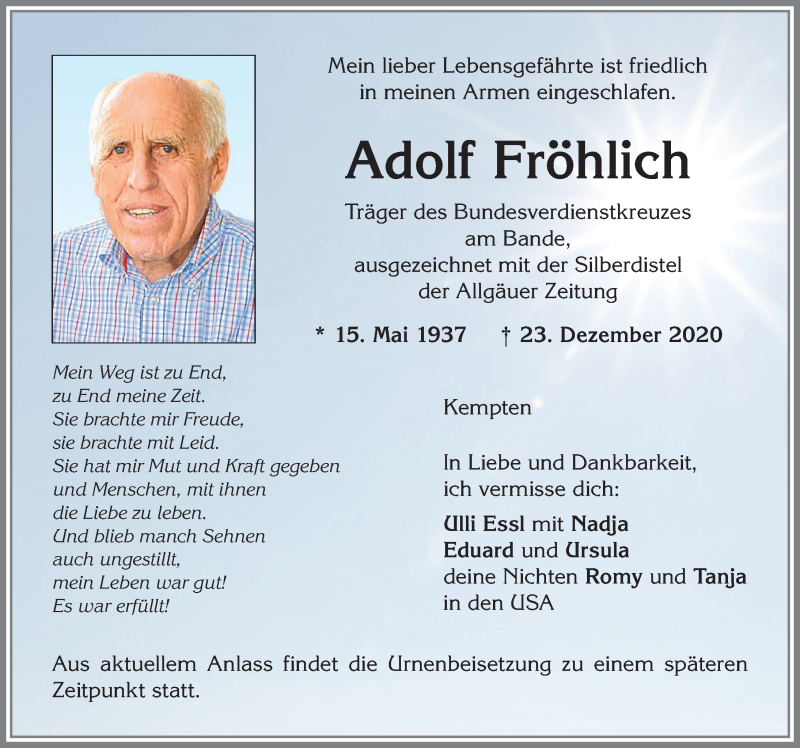 Traueranzeige von Adolf Fröhlich von Allgäuer Zeitung