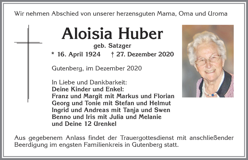Traueranzeige von Aloisia Huber von Allgäuer Zeitung, Kaufbeuren/Buchloe