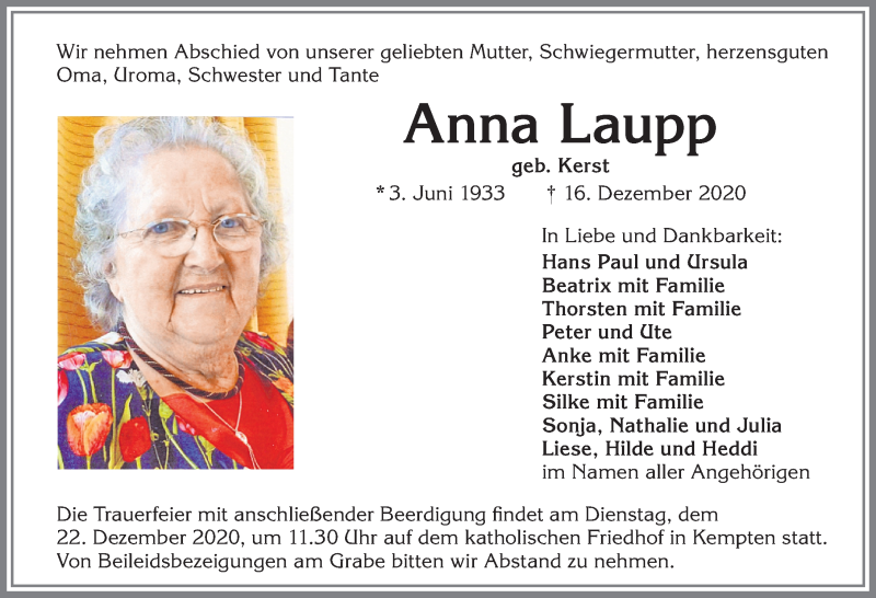 Traueranzeige von Anna Laupp von Allgäuer Zeitung,Kempten