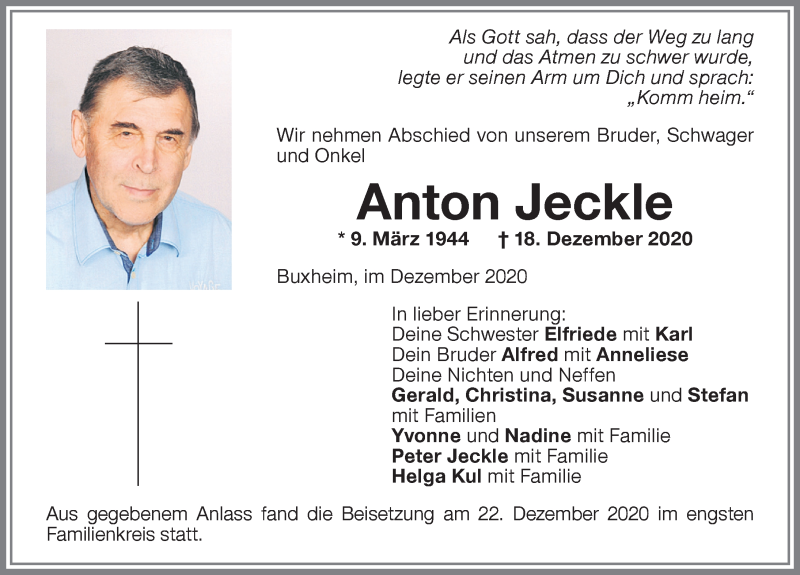 Traueranzeige von Anton Jeckle von Memminger Zeitung