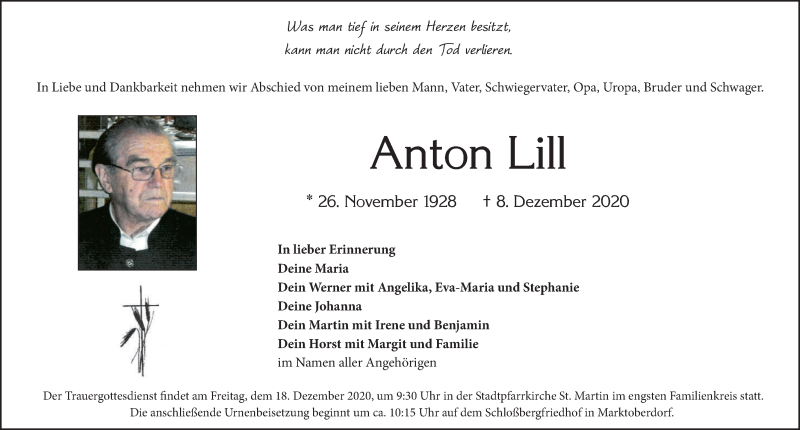 Traueranzeige von Anton Lill von Allgäuer Zeitung, Marktoberdorf