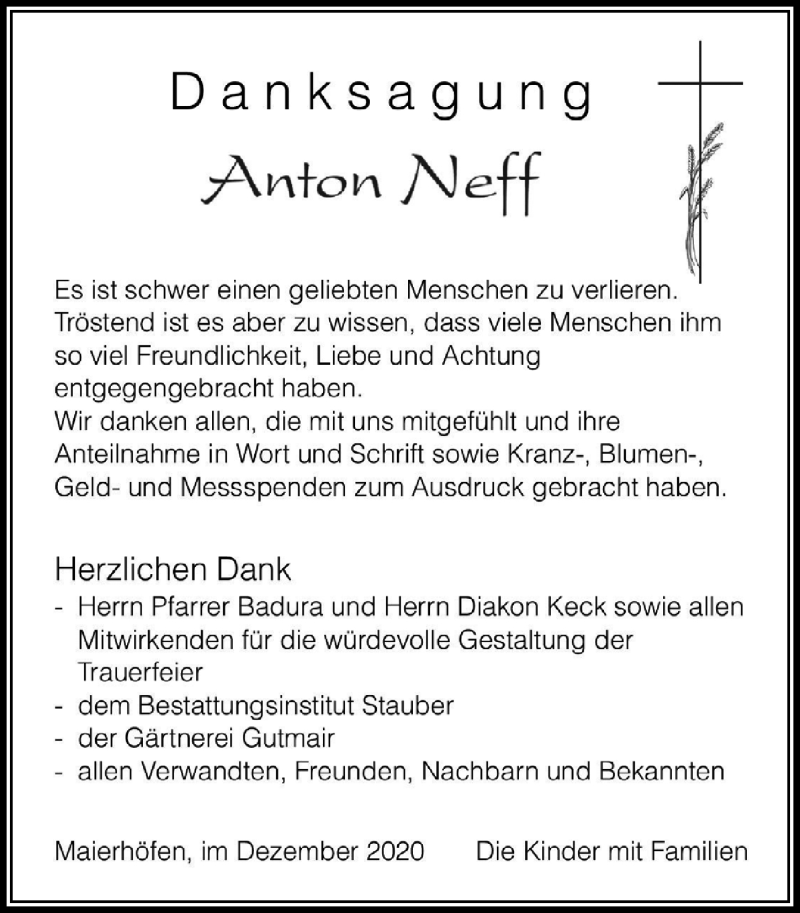 Traueranzeige von Anton Neff von Der Westallgäuer