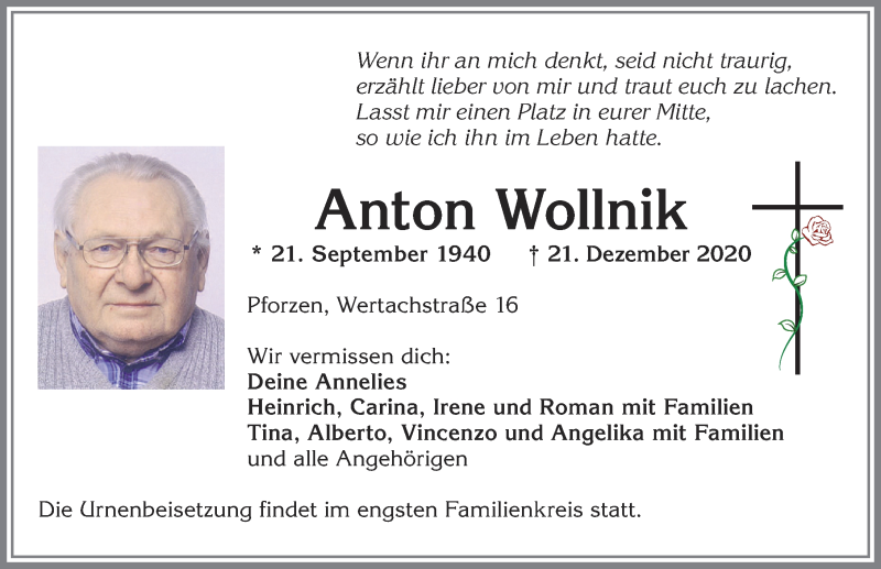 Traueranzeige von Anton Wollnik von Allgäuer Zeitung, Kaufbeuren/Buchloe